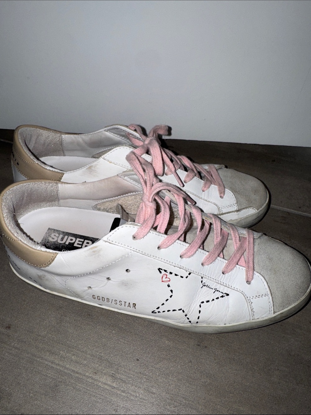 Golden Goose White Leather Sneakers with Pink Laces and Beige Heel